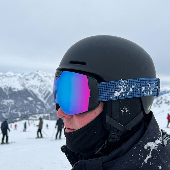 Skier wearing Ski Vue POV camera goggles